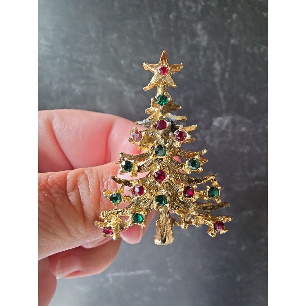 Christmas Tree Rhinestone Gold Tone Metal Brooch Vintage Costume Jewelry READ